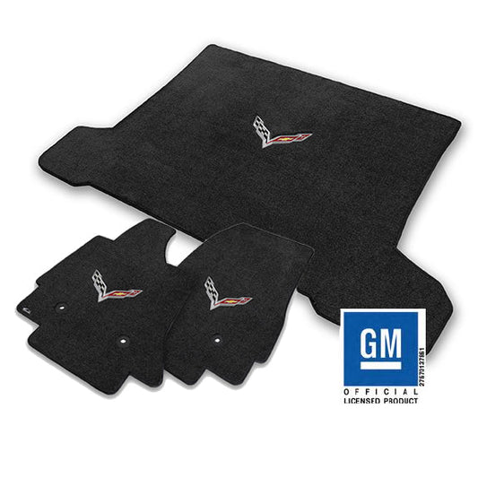 2014-2019 C7 Corvette Coupe Jet Black Front Floor & Rear Trunk Mats - Flag Logos