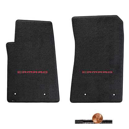 2010-2015 Camaro Ebony Black Classic Loop 2pc Front Floor Mats - Red CAMARO Logo