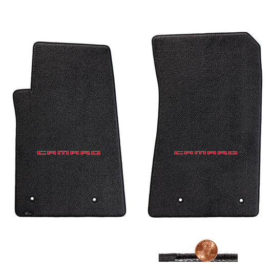 2010-2015 Camaro Ebony Black Classic Loop 2pc Front Floor Mats - Red CAMARO Logo