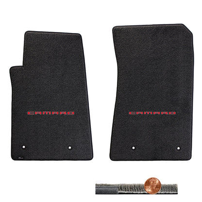 2010-2015 Camaro Ebony Black Ultimat 2pc Front Floor Mats - Red CAMARO Logo