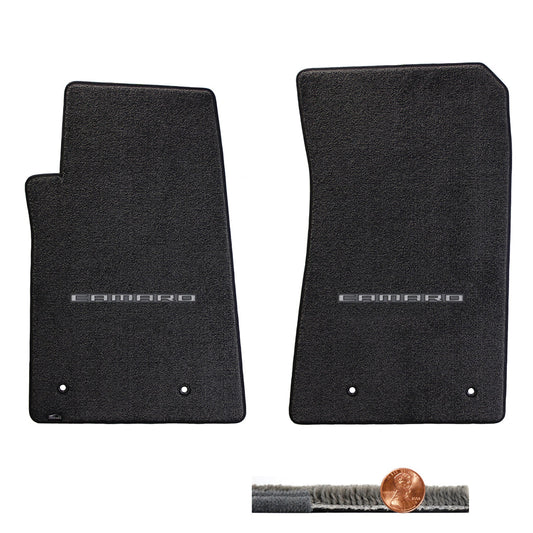 2010-2015 Camaro Ebony Black Ultimat 2pc Front Floor Mats - Silver CAMARO Logo