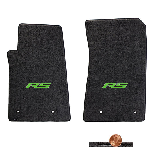 2010-2015 Chevy Camaro Ebony 2pc Classic Loop Floor Mats Set - Green RS Logo