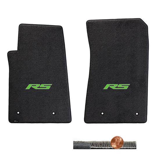 2010-2015 Chevy Camaro Ebony 2pc Ultimat Front Floor Mats Set - Green RS Logo