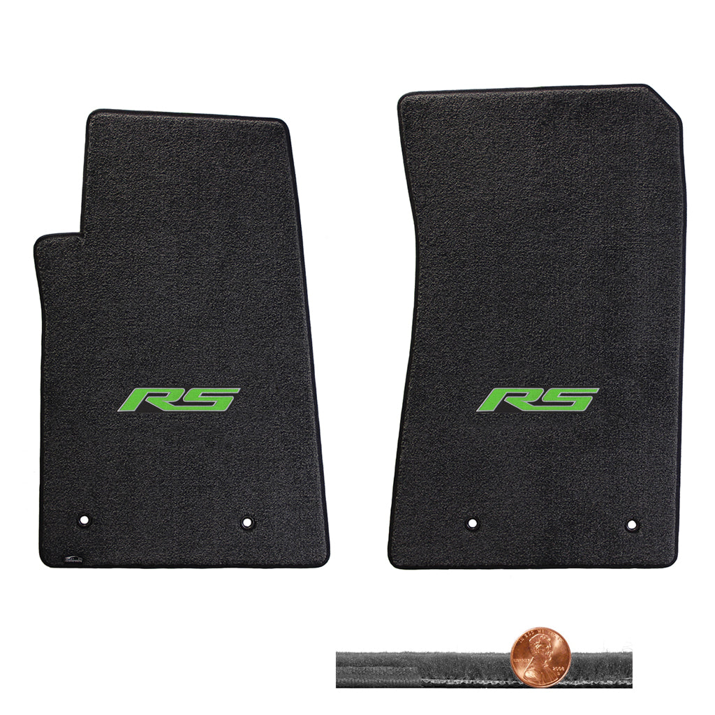 2010-2015 Chevy Camaro Ebony 2pc Velourtex Front Floor Mats Set - Green RS Logo