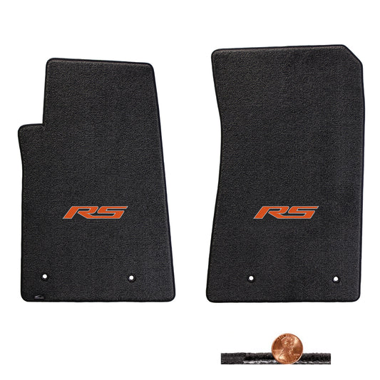 2010-2015 Chevy Camaro Ebony 2pc Classic Loop Floor Mats Set - Orange RS Logo