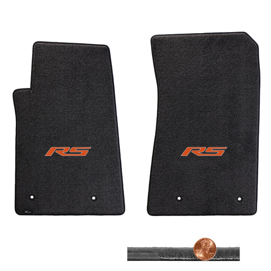 2010-2015 Chevy Camaro Ebony 2pc Velourtex Front Floor Mats Set - Orange RS Logo