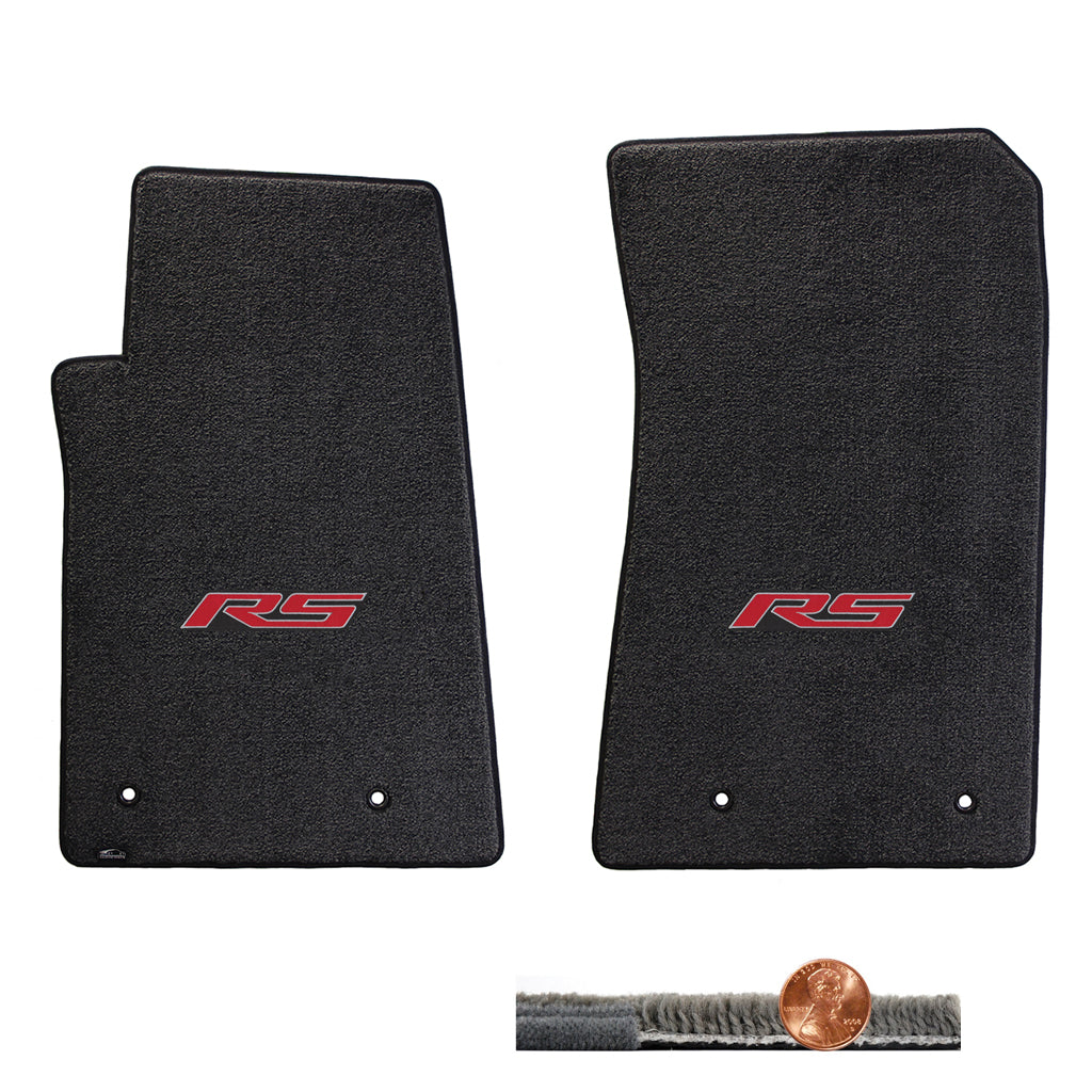 2010-2015 Chevy Camaro Ebony 2pc Ultimat Front Floor Mats Set - Red RS Logo