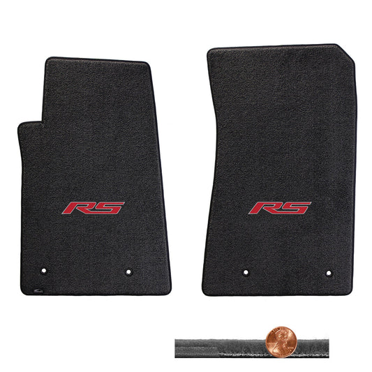 2010-2015 Chevy Camaro Ebony 2pc Velourtex Front Floor Mats Set - Red RS Logo