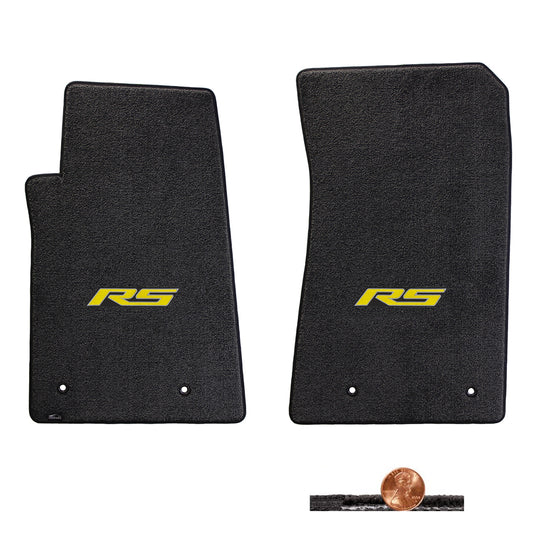 2010-2015 Chevy Camaro Ebony 2pc Classic Loop Floor Mats Set - Yellow RS Logo