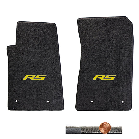 2010-2015 Chevy Camaro Ebony 2pc Ultimat Front Floor Mats Set - Yellow RS Logo