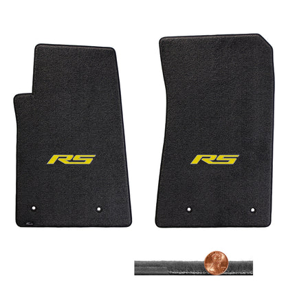 2010-2015 Chevy Camaro Ebony 2pc Velourtex Front Floor Mats Set - Yellow RS Logo