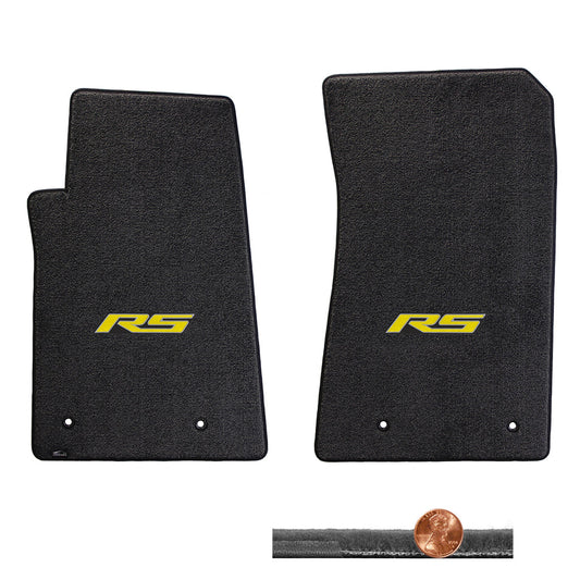 2010-2015 Chevy Camaro Ebony 2pc Velourtex Front Floor Mats Set - Yellow RS Logo