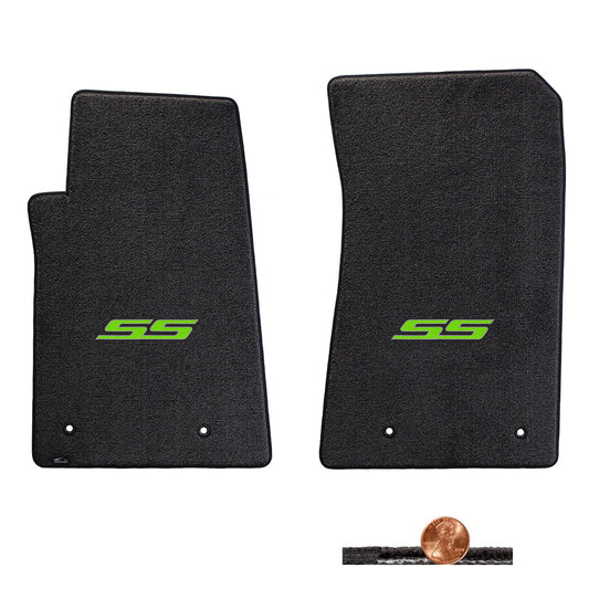 2010-2015 Chevy Camaro Ebony 2pc Classic Loop Front Floor Mats - Green SS Logo