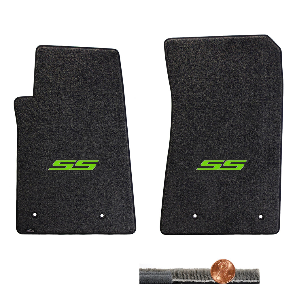 2010-2015 Chevy Camaro Ebony 2pc Ultimat Front Floor Mats Set - Green SS Logo