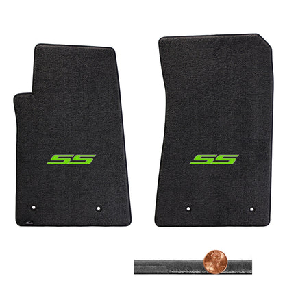 2010-2015 Chevy Camaro Ebony 2pc Velourtex Front Floor Mats Set - Green SS Logo