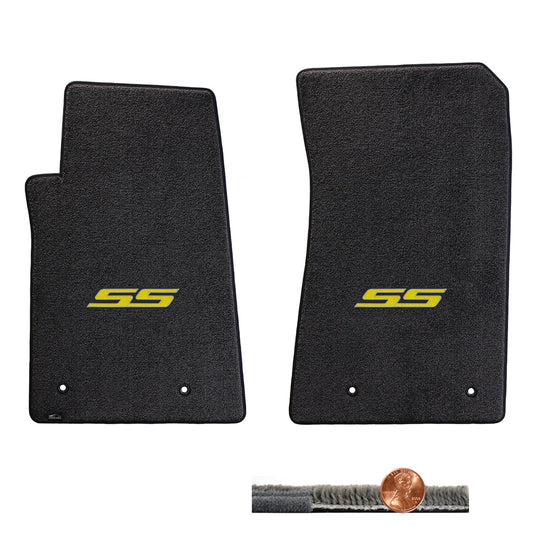 2010-2015 Chevy Camaro Ebony 2pc Ultimat Front Floor Mats Set - Yellow SS Logo