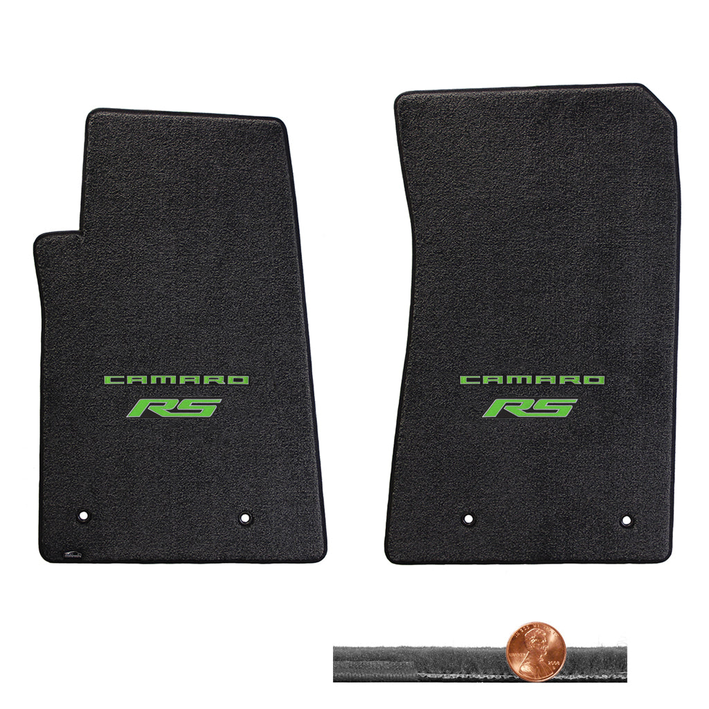 2010-2015 Camaro RS 2pc Ebony Black Velourtex Front Floor Mats - Green Logos