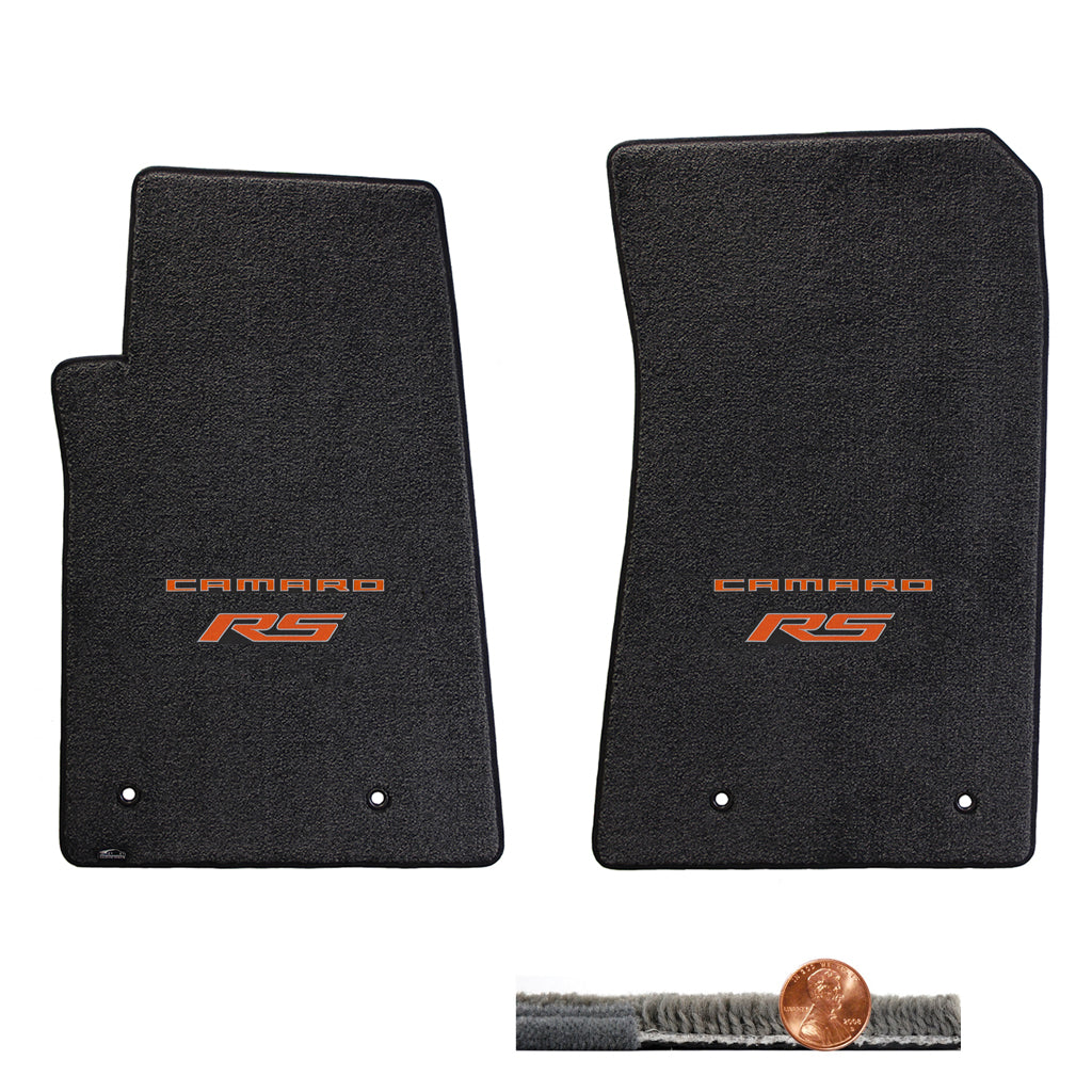 2010-2015 Camaro RS 2pc Ebony Black Ultimat Front Floor Mats Set - Orange Logos