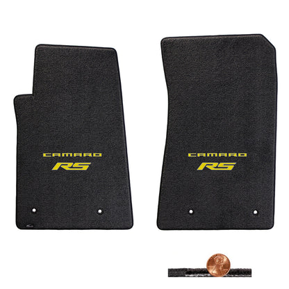 2010-2015 Camaro RS 2pc Ebony Black Classic Loop Front Floor Mats - Yellow Logos