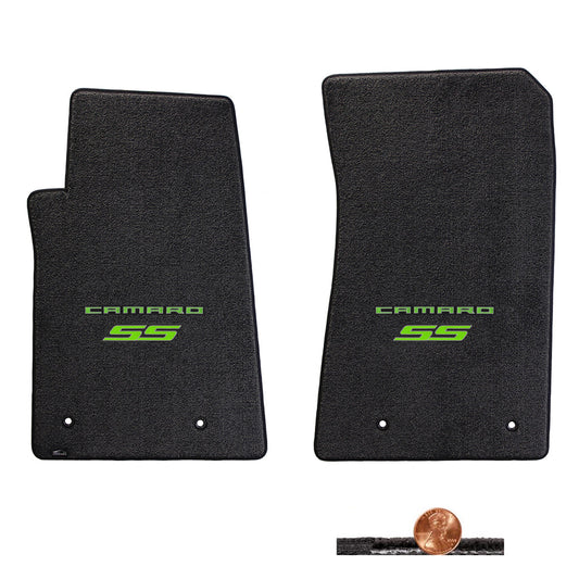 2010-2015 Chevy Camaro SS Ebony Black 2pc Classic Loop Floor Mats - Green Logos