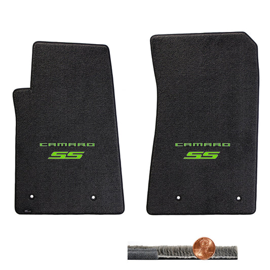 2010-2015 Chevy Camaro SS Ebony Black 2pc Ultimat Floor Mats Set - Green Logos