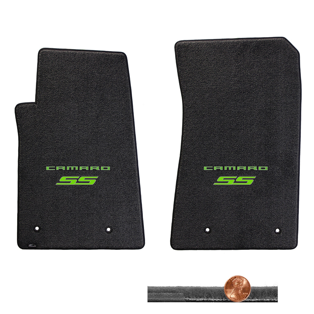 2010-2015 Chevy Camaro SS Ebony Black 2pc Velourtex Floor Mats - Green Logos