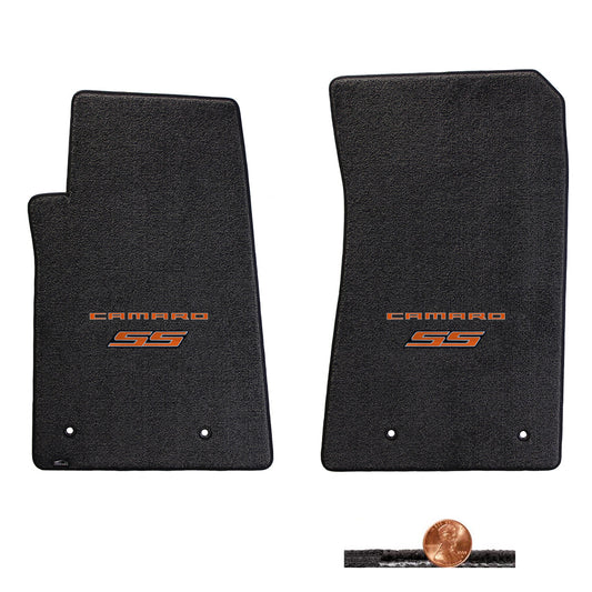 2010-2015 Chevy Camaro SS Ebony Black 2pc Classic Loop Floor Mats - Orange Logos