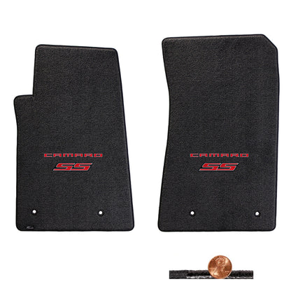 2010-2015 Chevy Camaro SS Ebony Black 2pc Classic Loop Floor Mats - Red Logos