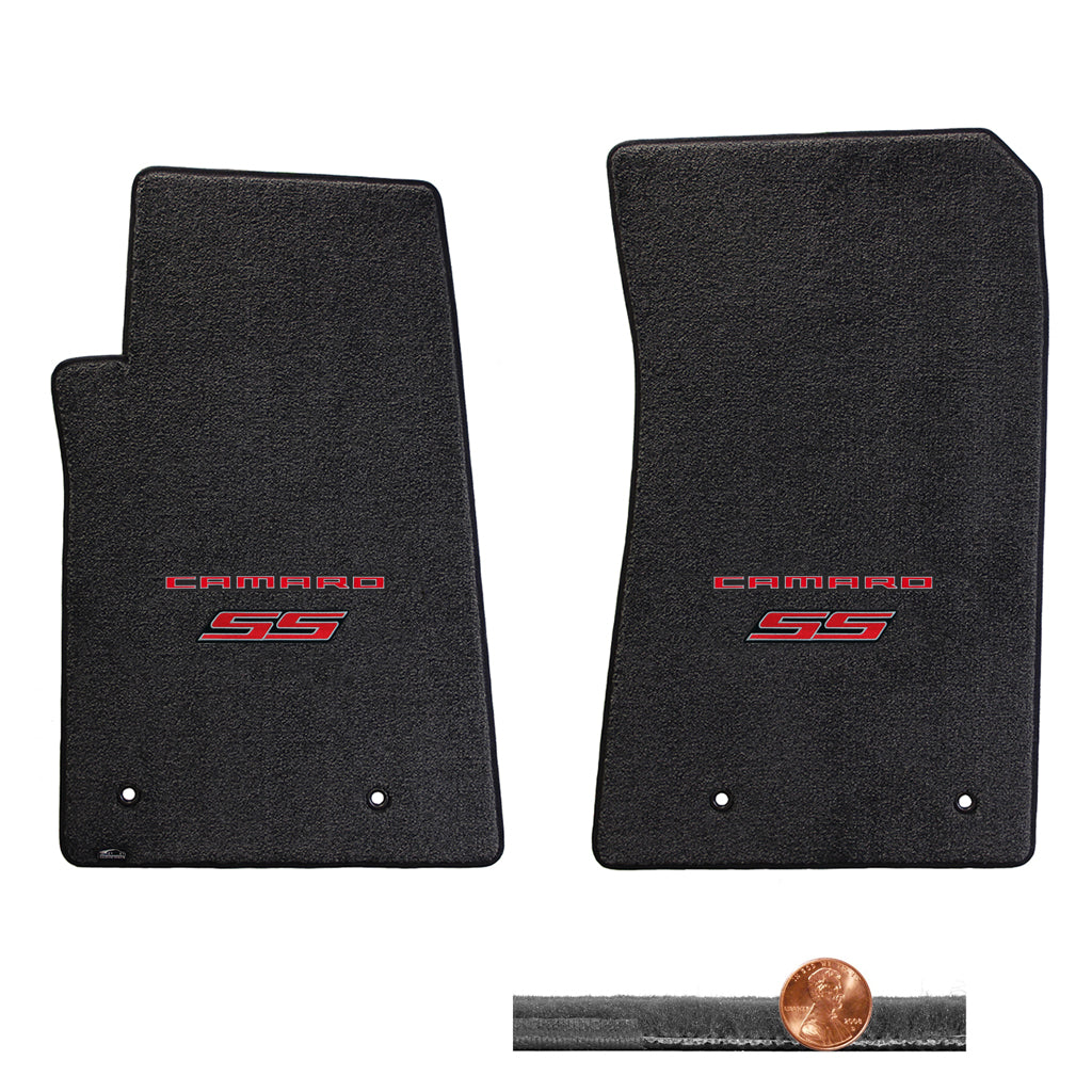 2010-2015 Chevy Camaro SS Ebony Black 2pc Velourtex Floor Lloyd Mats - Red Logos