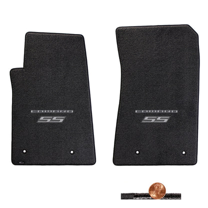 2010-2015 Chevy Camaro SS Ebony Black 2pc Classic Loop Floor Mats - Silver Logos