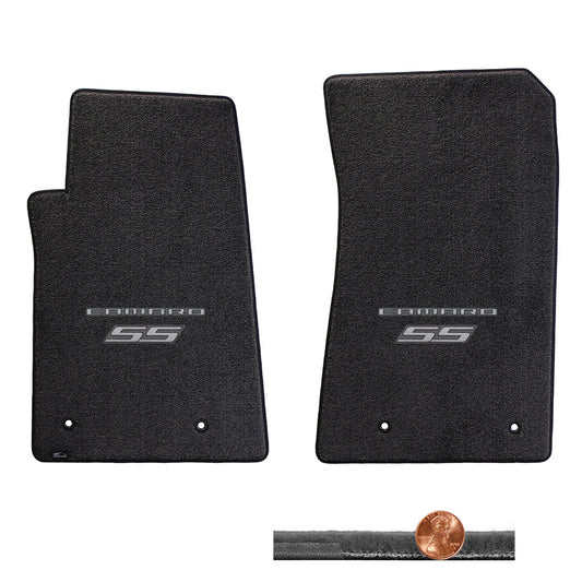 2010-2015 Chevy Camaro SS Ebony Black 2pc Velourtex Floor Mats - Silver Logos