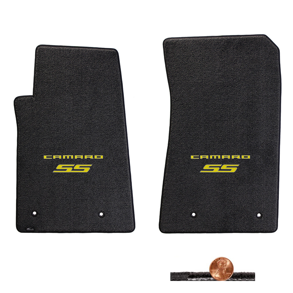 2010-2015 Chevy Camaro SS Ebony Black 2pc Classic Loop Floor Mats - Yellow Logos