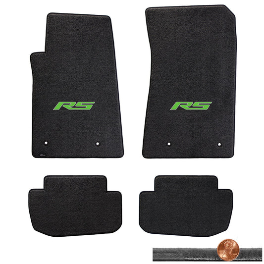 2010-2015 Camaro 4pc Ebony Black Velourtex Floor Mats - Green RS Logo On Fronts