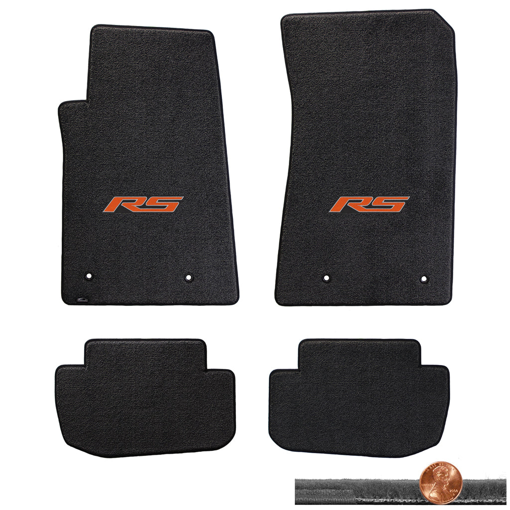 2010-2015 Camaro 4pc Ebony Black Velourtex Floor Mats - Orange RS Logo On Fronts