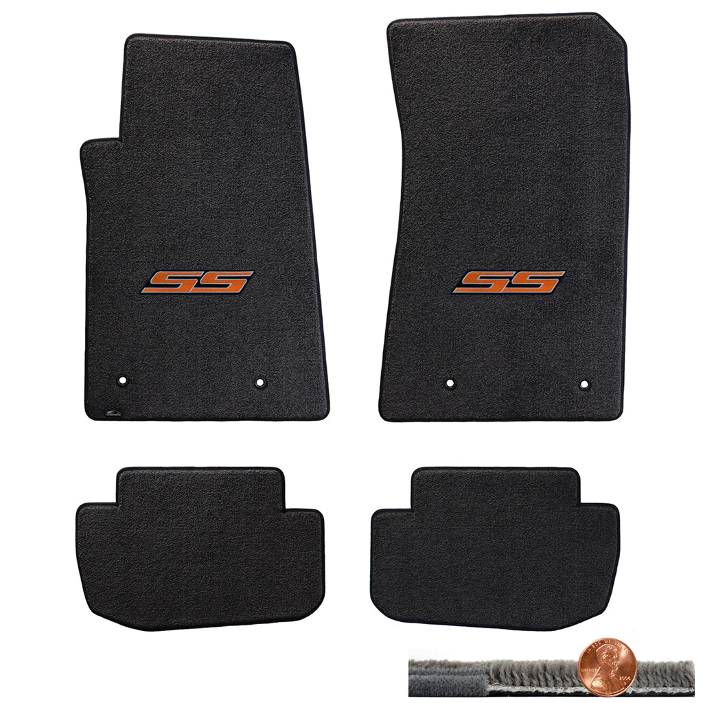 2010-2015 Camaro 4pc Ebony Black Ultimat Floor Mats - Orange SS Logo On Fronts