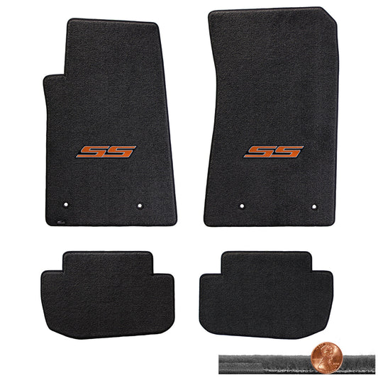 2010-2015 Camaro 4pc Ebony Black Velourtex Floor Mats - Orange SS Logo On Fronts