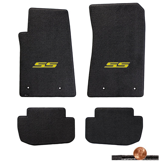 2010-2015 Camaro 4pc Ebony Black Classic Loop Floor Mats - Yellow SS On Fronts