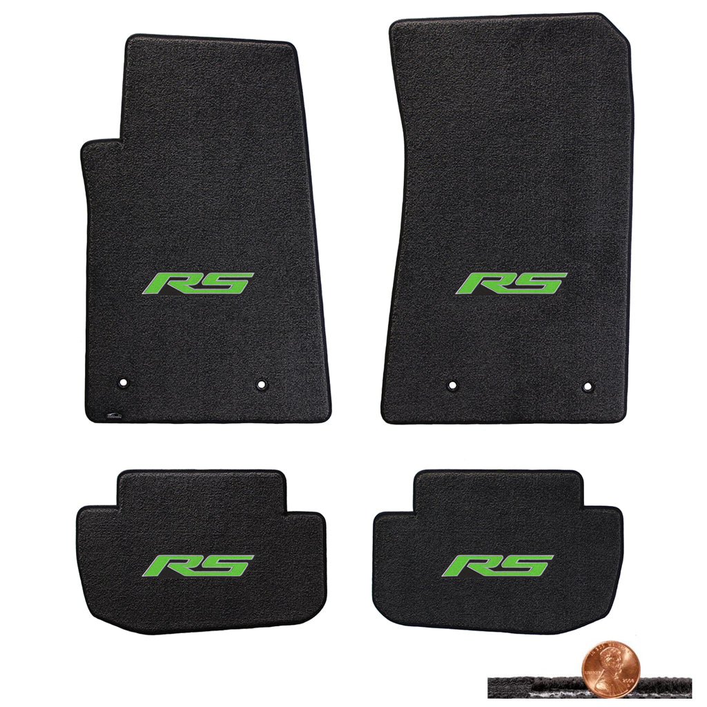 2010-2015 Camaro 4pc Ebony Black Classic Loop Floor Mats Set - Green RS Logos