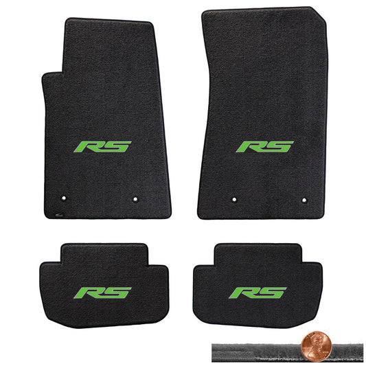 2010-2015 Chevy Camaro 4pc Ebony Black Velourtex Floor Mat Set - Green RS Logos