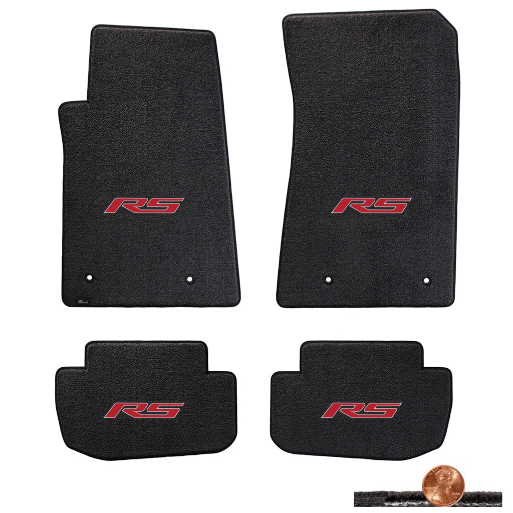 2010-2015 Camaro 4pc Ebony Black Classic Loop Floor Mats Set - Red RS Logos