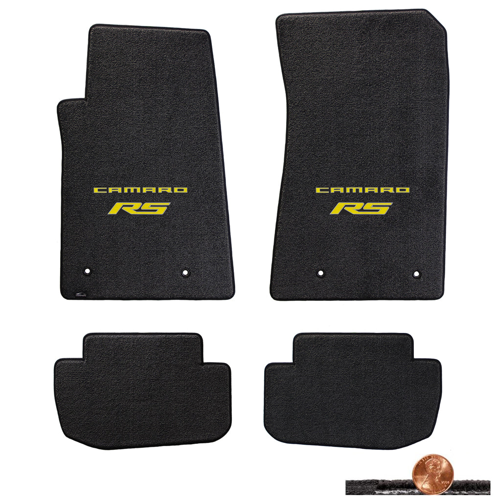 2010-2015 Ebony 4pc Classic Loop Floor Mats - Yellow CAMARO RS Logos On Fronts