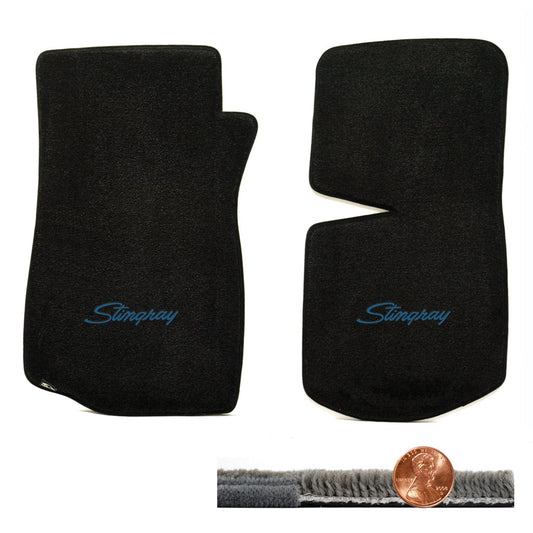 1968-1982 C3 Corvette Black 2pc Ultimat Front Floor Mats - Blue Stingray Logos