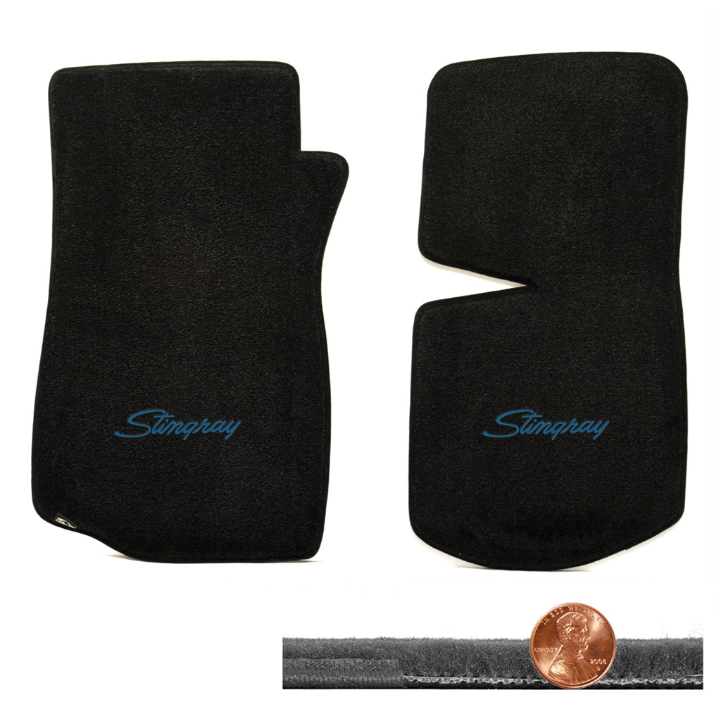 1968-1982 C3 Corvette Black 2pc Velourtex Front Floor Mats - Blue Stingray Logo