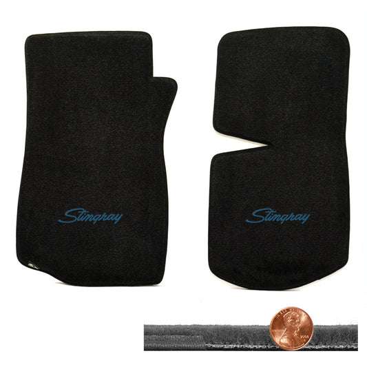 1968-1982 C3 Corvette Black 2pc Velourtex Front Floor Mats - Blue Stingray Logo