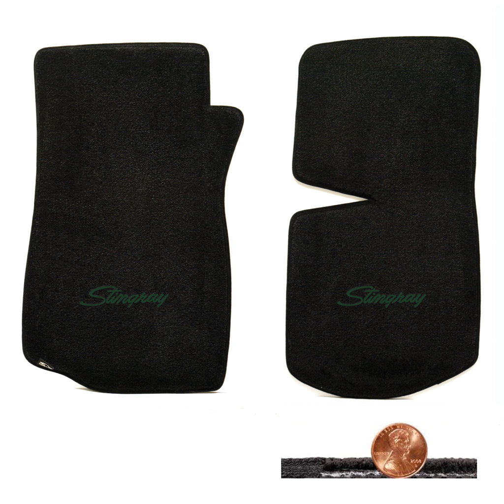 1968-1982 C3 Corvette Black 2pc Classic Loop Floor Mats - Green Stingray Logos