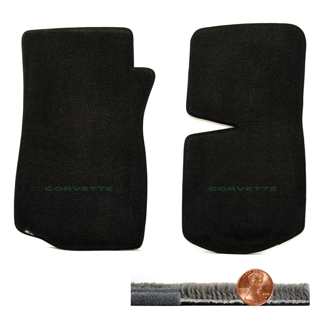 1968-1975 C3 Corvette Black 2pc Ultimat Floor Mats Set - CORVETTE Logo in Green