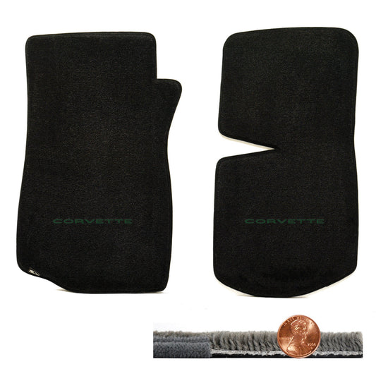 1968-1975 C3 Corvette Black 2pc Ultimat Floor Mats Set - CORVETTE Logo in Green