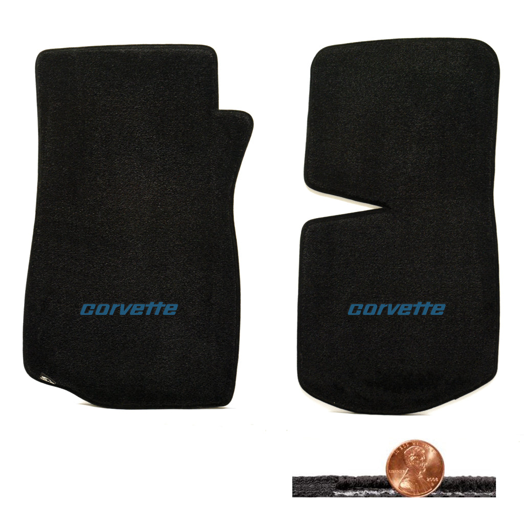 1976-1982 C3 Corvette Black 2pc Classic Loop Floor Mats - Blue CORVETTE Logo