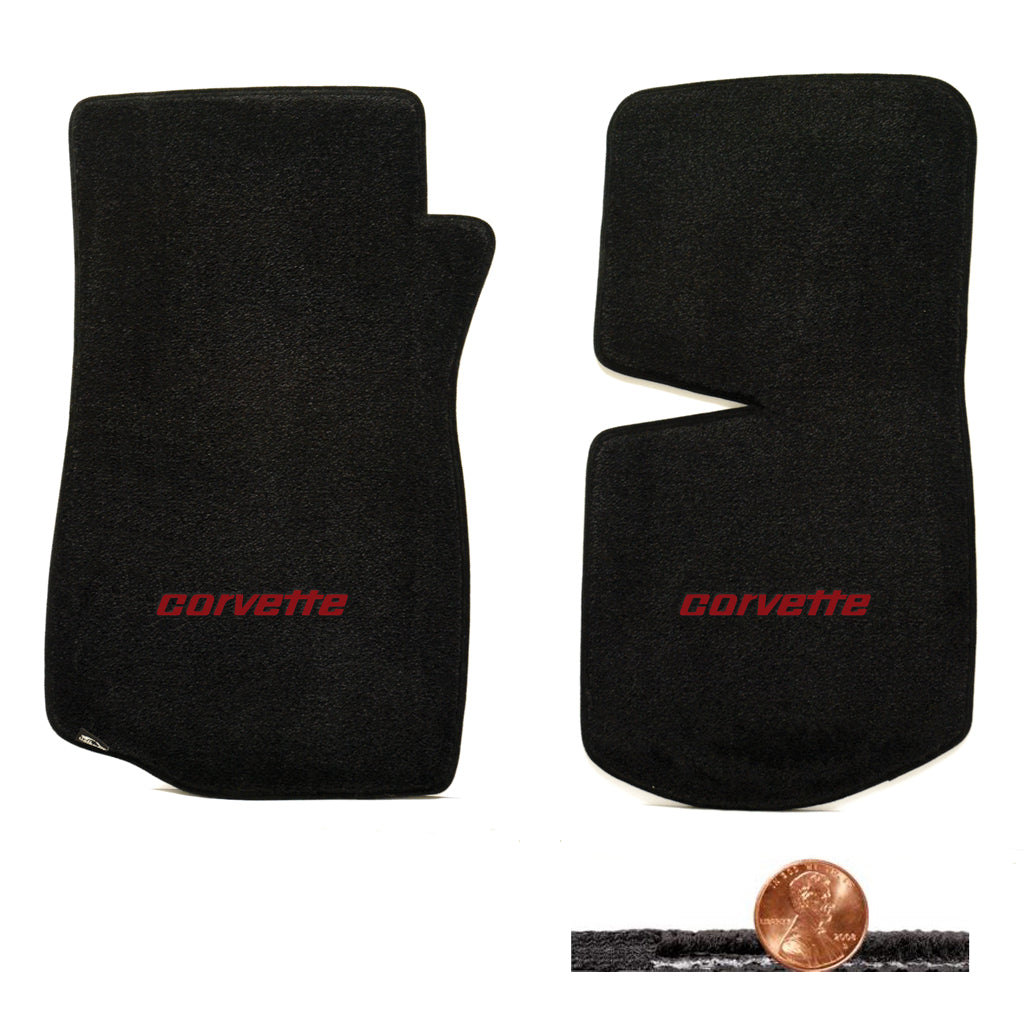 1976-1982 C3 Corvette Black 2pc Classic Loop Floor Mats - Red CORVETTE Logo