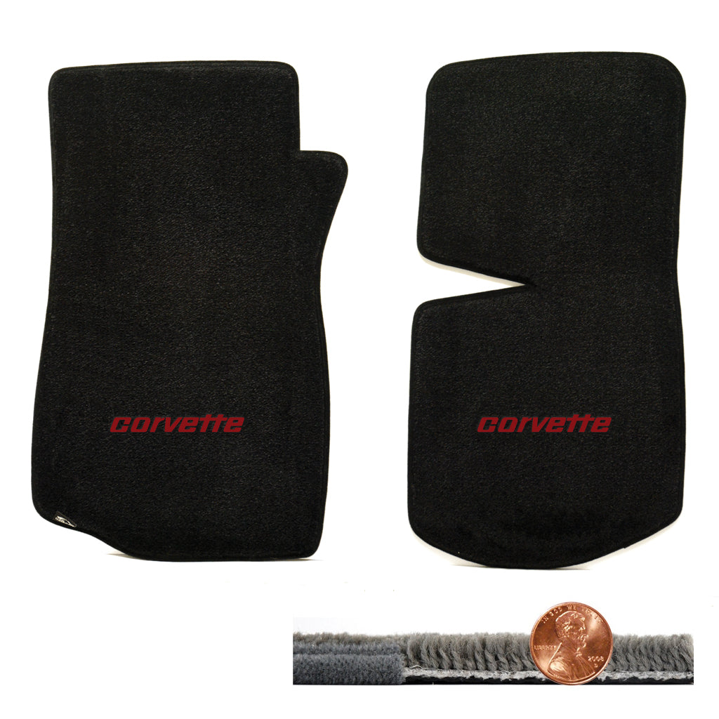 1976-1982 C3 Corvette Black 2pc Ultimat Front Floor Mats - Red CORVETTE Logo